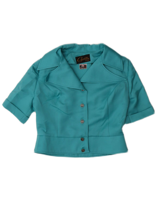 VINTAGE Mujer Crop Manga Corta Camisa Blusa EU 40 Poliéster Azul Medio