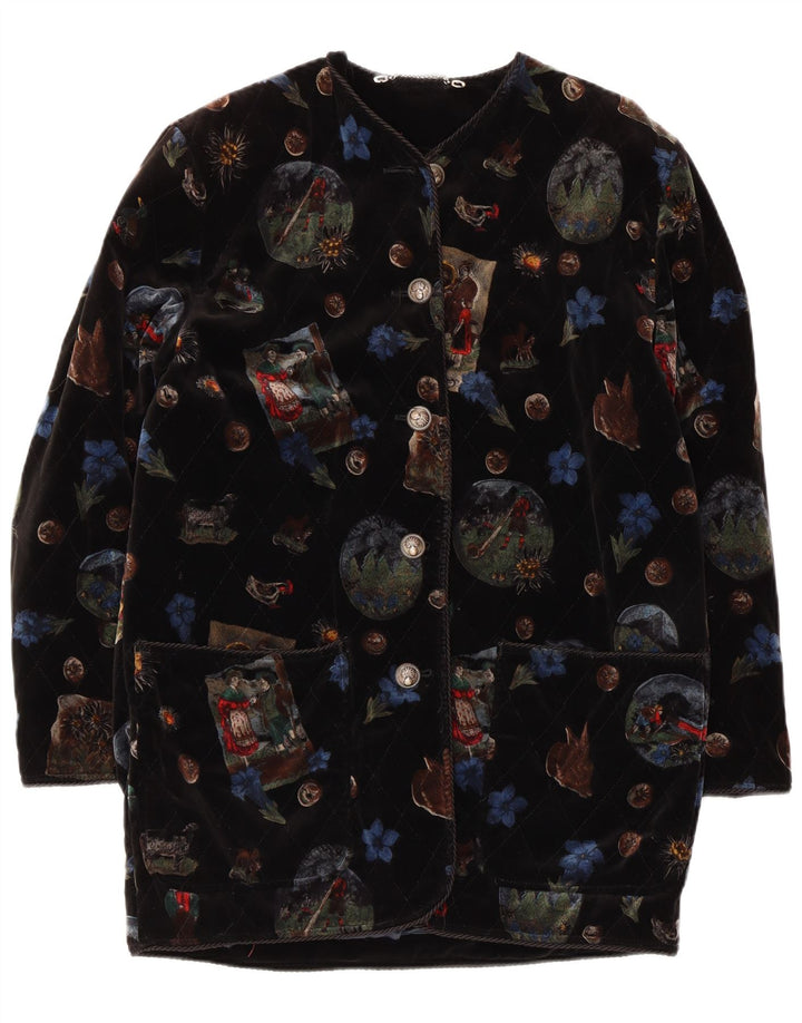 Vintage mujeres gráfico terciopelo abrigo Reino Unido 12 medio negro floral