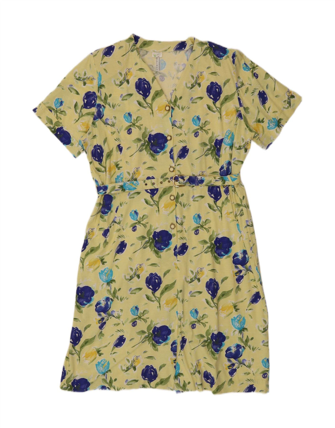 VINTAGE Vestido camisero de manga corta para mujer Reino Unido 18 XL Algodón floral amarillo