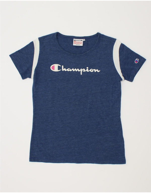 CHAMPION Womens Graphic T-Shirt Top UK 14 Medium Navy Blue Flecked Cotton