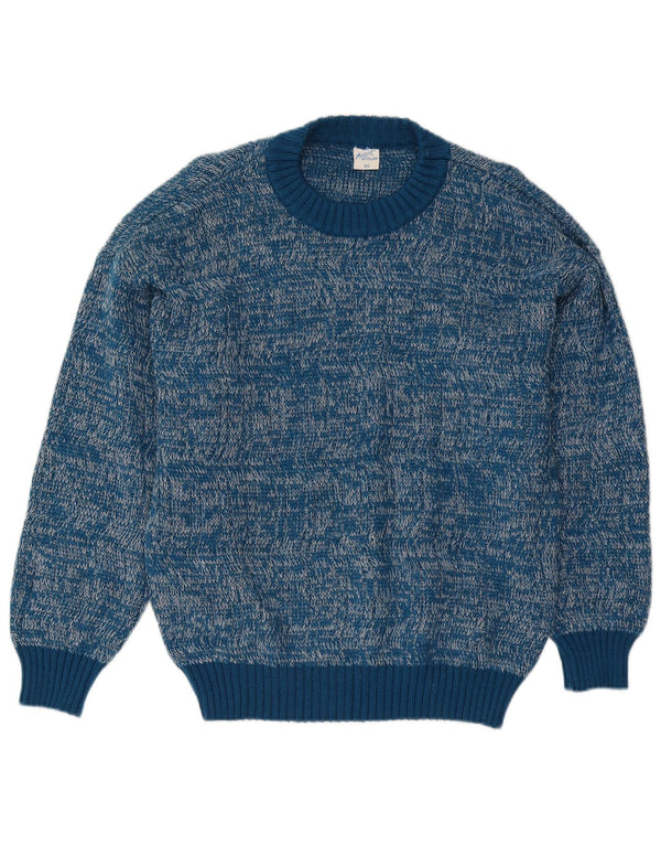 Vintage hombres cuello redondo jersey suéter IT 50 azul medio moteado