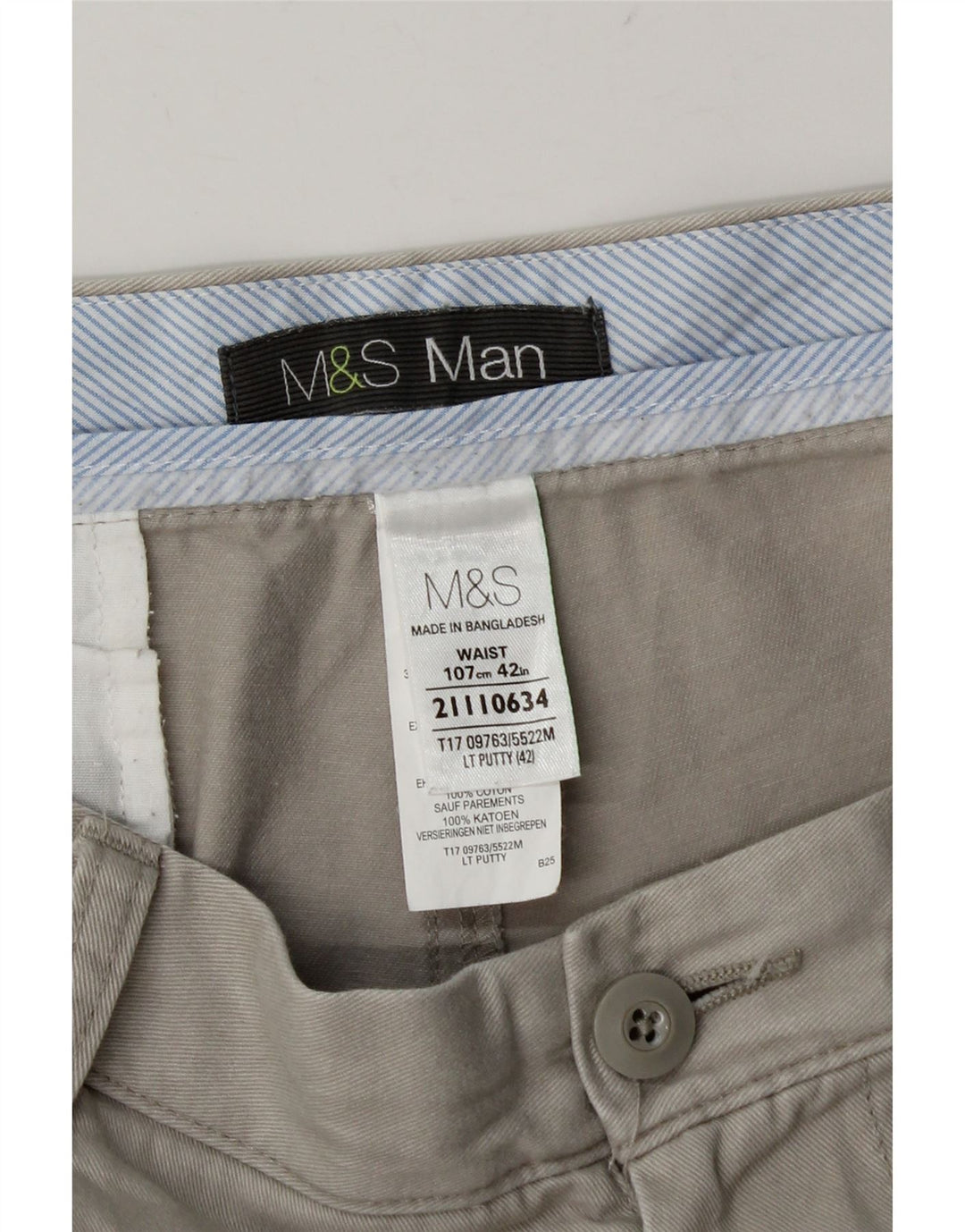 Marks & Spencer Pantalones cortos chinos para hombre W42 2XL Algodón gris