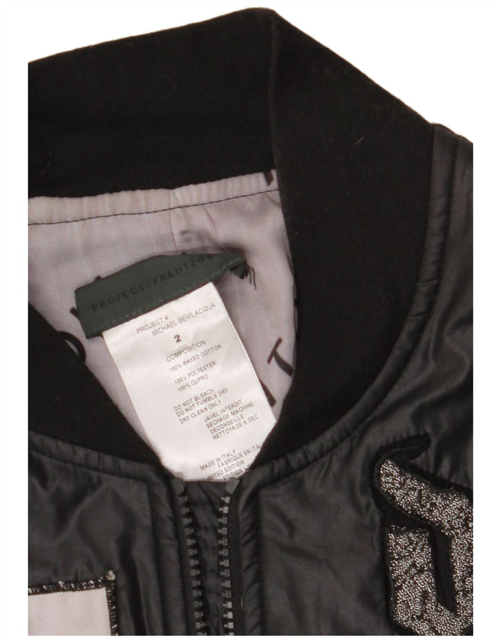 Vintage hombres bomber gráfico encerado chaqueta Reino Unido 38 medio negro patchwork