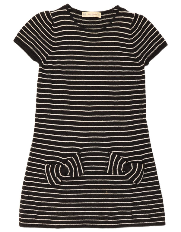 Zara Mujer Vestido Jersey De Manga Corta UK 44 Grande Algodón A Rayas Negro