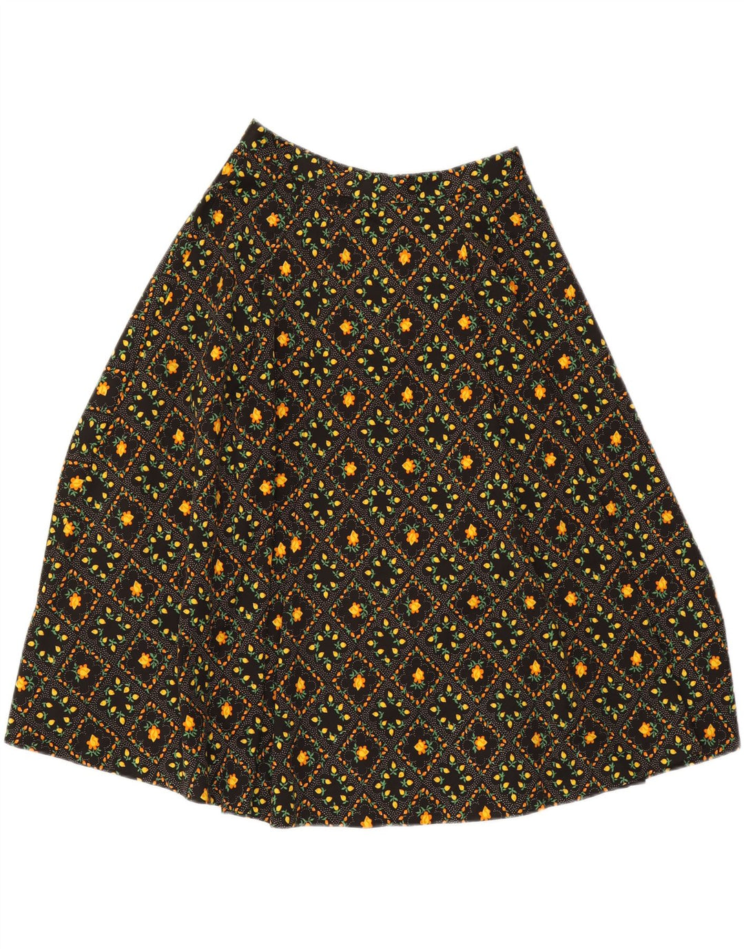 VINTAGE Falda acampanada para mujer W26 Pequeña Floral Negra