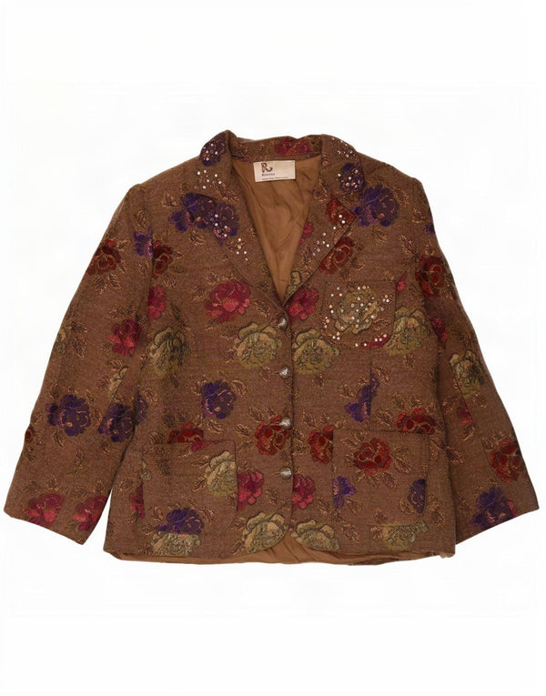 Romano Chaqueta Blazer de 4 Botones para Mujer UK 46 Grande Acetato Floral Marrón