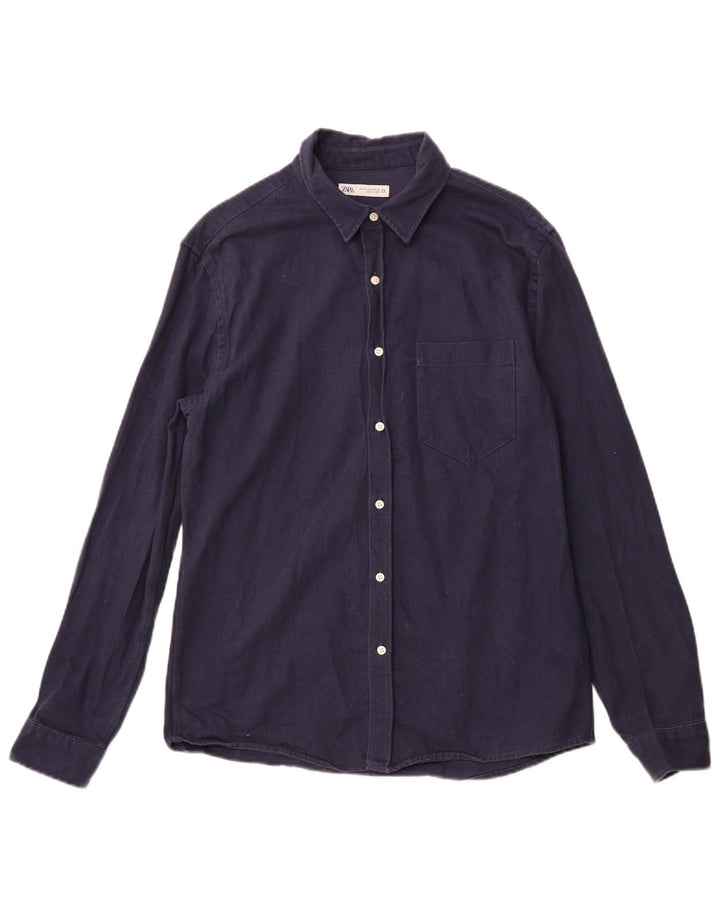 ZARA Hombre Camisa Franela Mediana Azul Marino Algodón