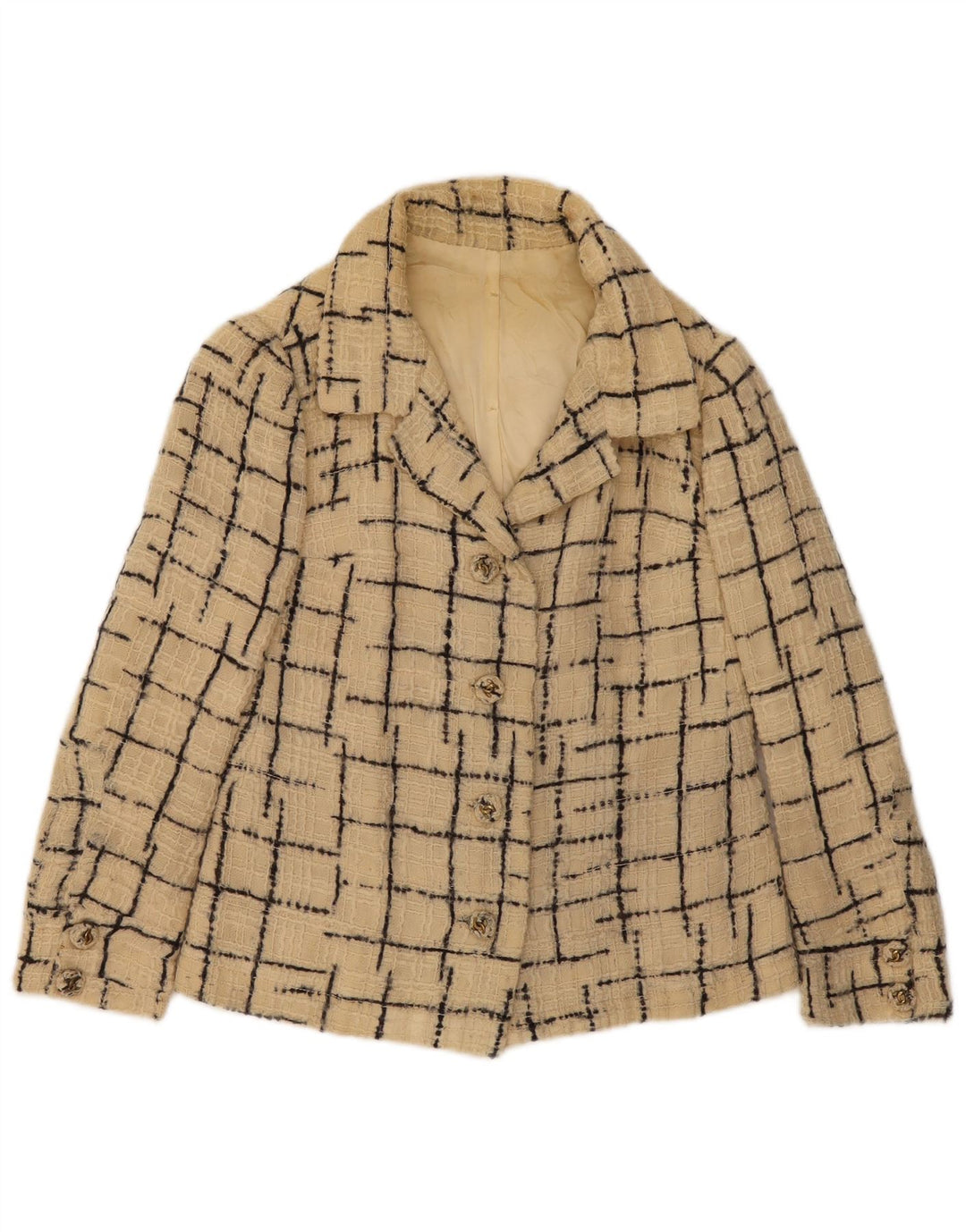 Vintage mujer 4 botones Blazer chaqueta Reino Unido 10 pequeño beige cheque