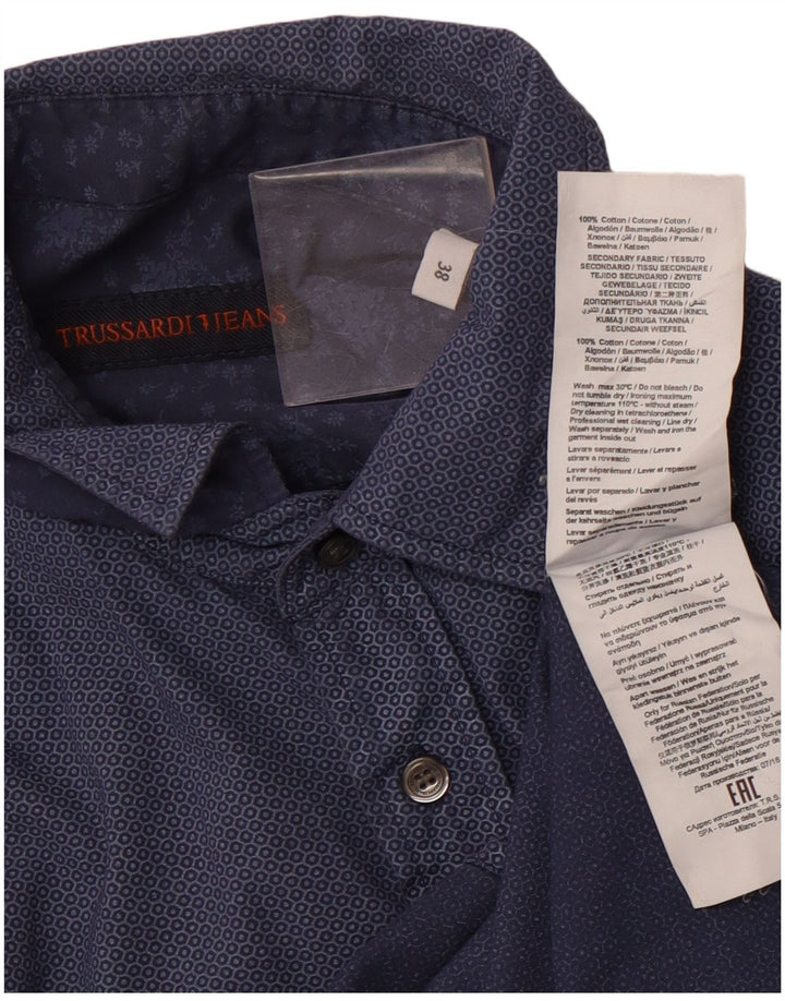 TRUSSARDI JEANS Camisa Hombre Talla 38 Mediana Azul Marino Algodón Geométrico