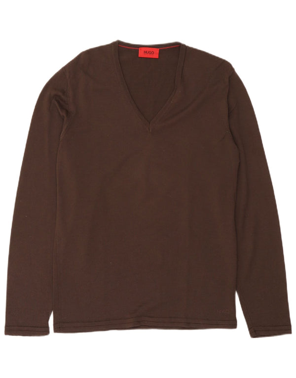 Hugo Boss Womens V-Neck Jumper Sweater UK 14 Large Brown Virgin Wool