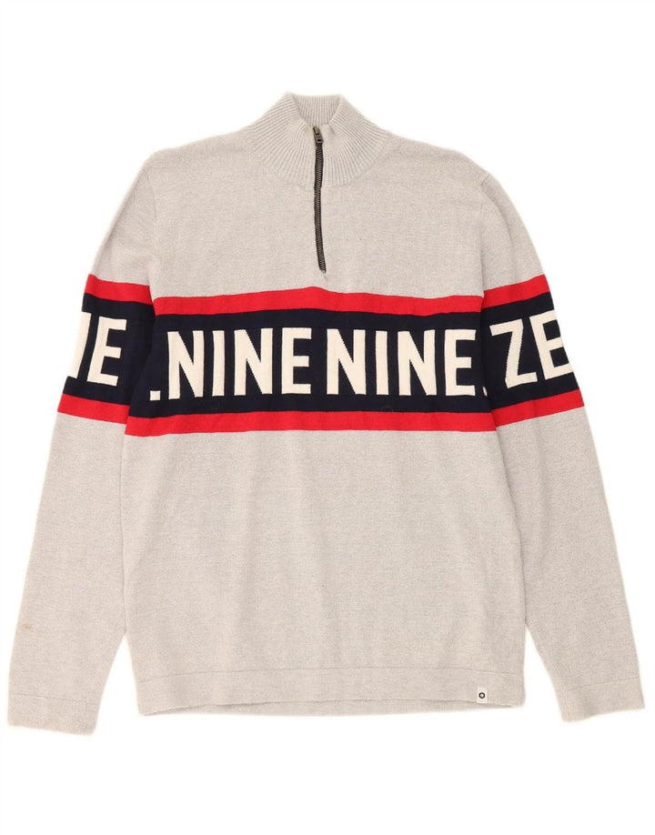 JACK & JONES Mens Graphic Zip Neck Jumper Sweater Large Grey Colourblock