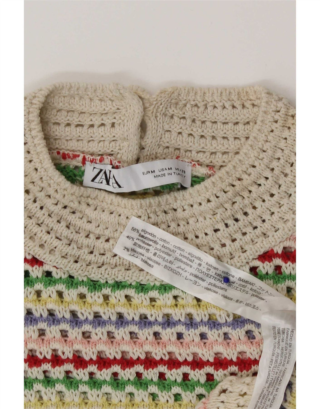 Zara Top corto de crochet para mujer Reino Unido 40 Mediano Algodón a rayas multicolor