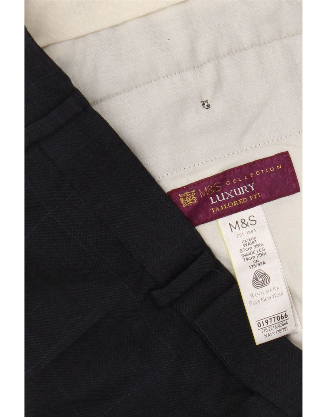 Marks & Spencer Pantalón de traje recto para hombre W38 L29 Lana a cuadros azul marino