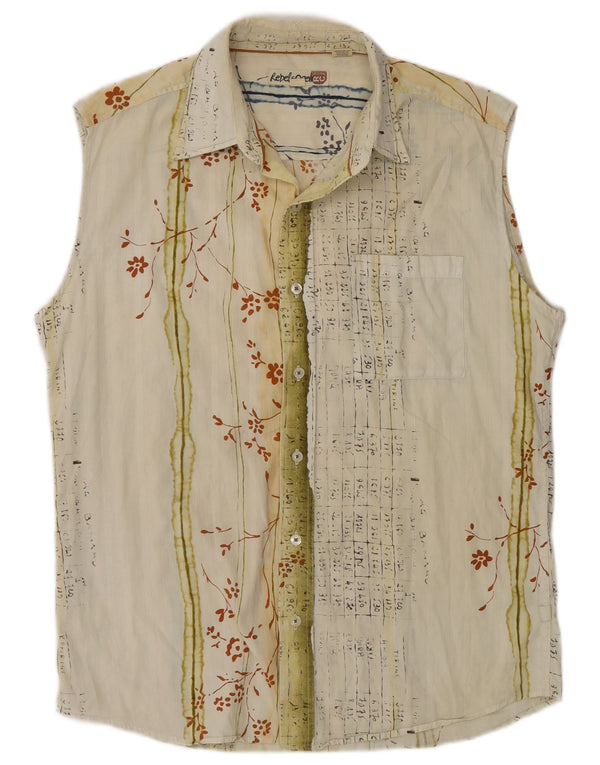 Camisa vintage para hombre sin mangas pequeña de algodón floral blanco