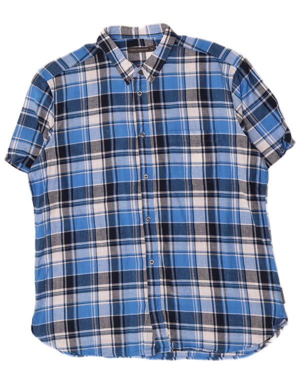 French Connection Camisa de manga corta para hombre XL Algodón a cuadros azul