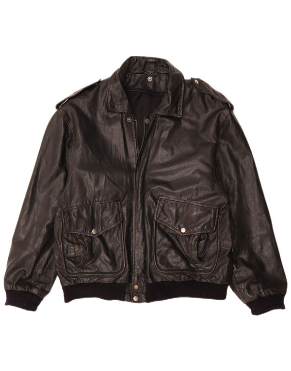 Vintage hombres chaqueta de cuero militar IT 50 cuero negro grande
