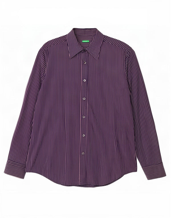Camisa Benetton Hombre XL Algodón Azul Marino Raya diplomática