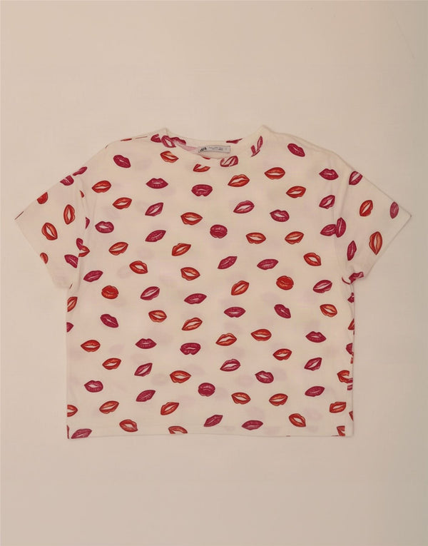 Zara Mujer Crop Graphic Camiseta Top UK 10 Small Blanco