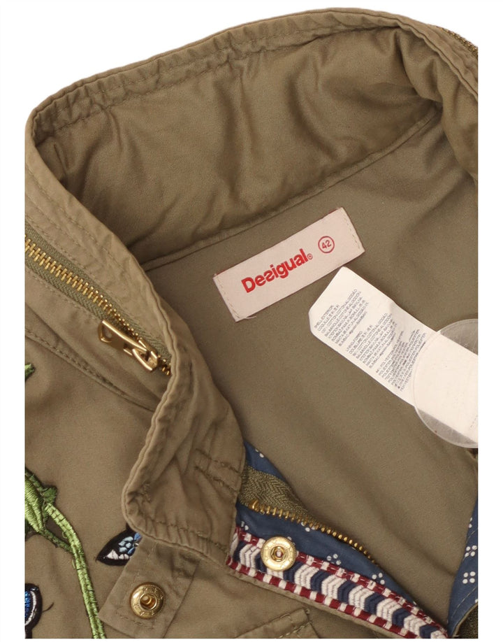 DESIGUAL Chaqueta militar gráfica para mujer EU 42 Large Khaki Cotton Butterfly