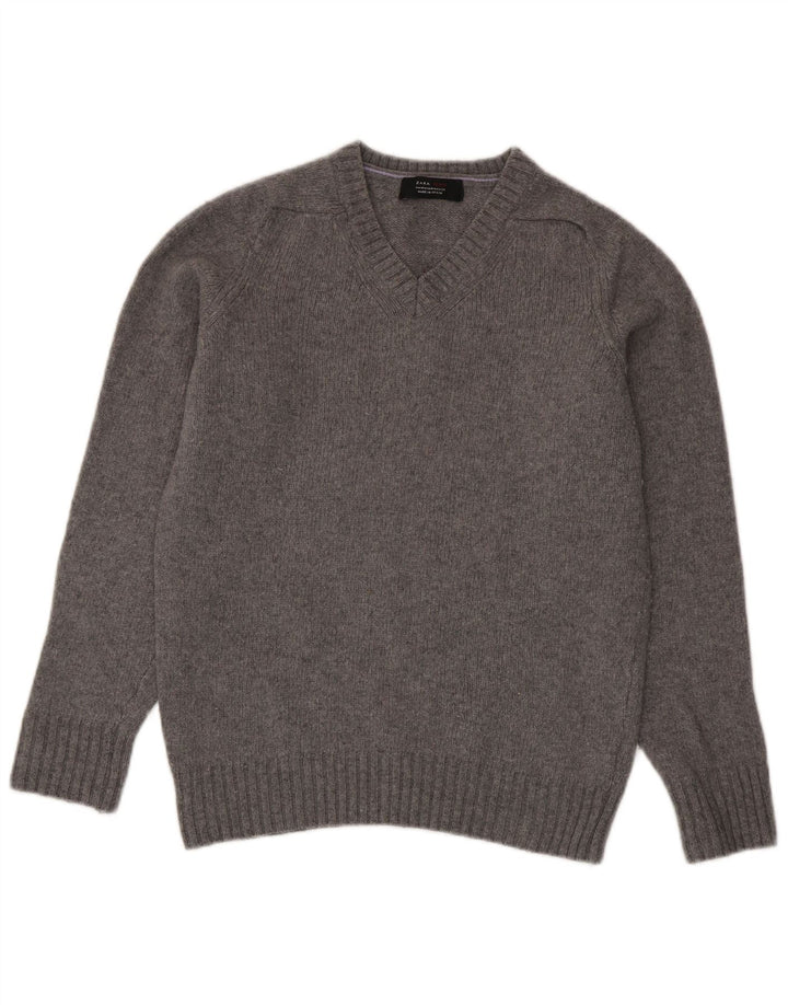 Zara Hombre Jersey Cuello Pico Lana Gris Medio