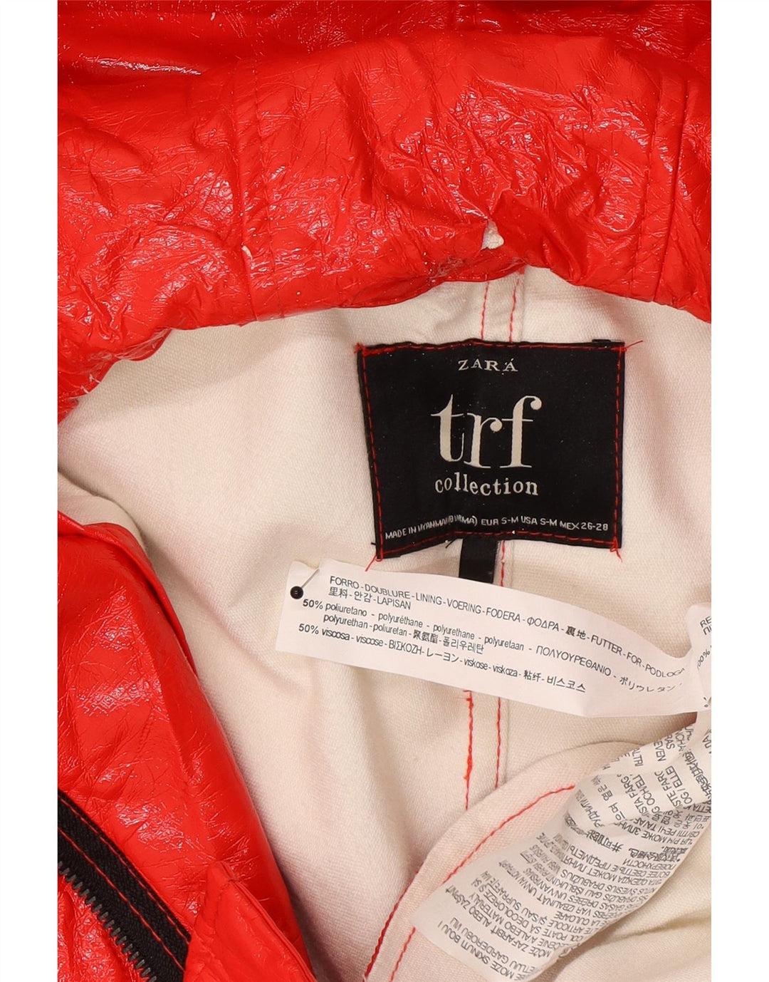 Zara Mujer Chaqueta Lluvia Con Capucha UK 10 Small Polietileno Rojo