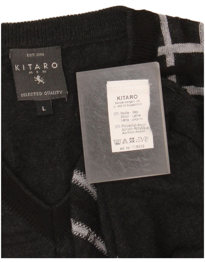 KITARO Jersey con cuello en V para hombre de lana a cuadros gris grande