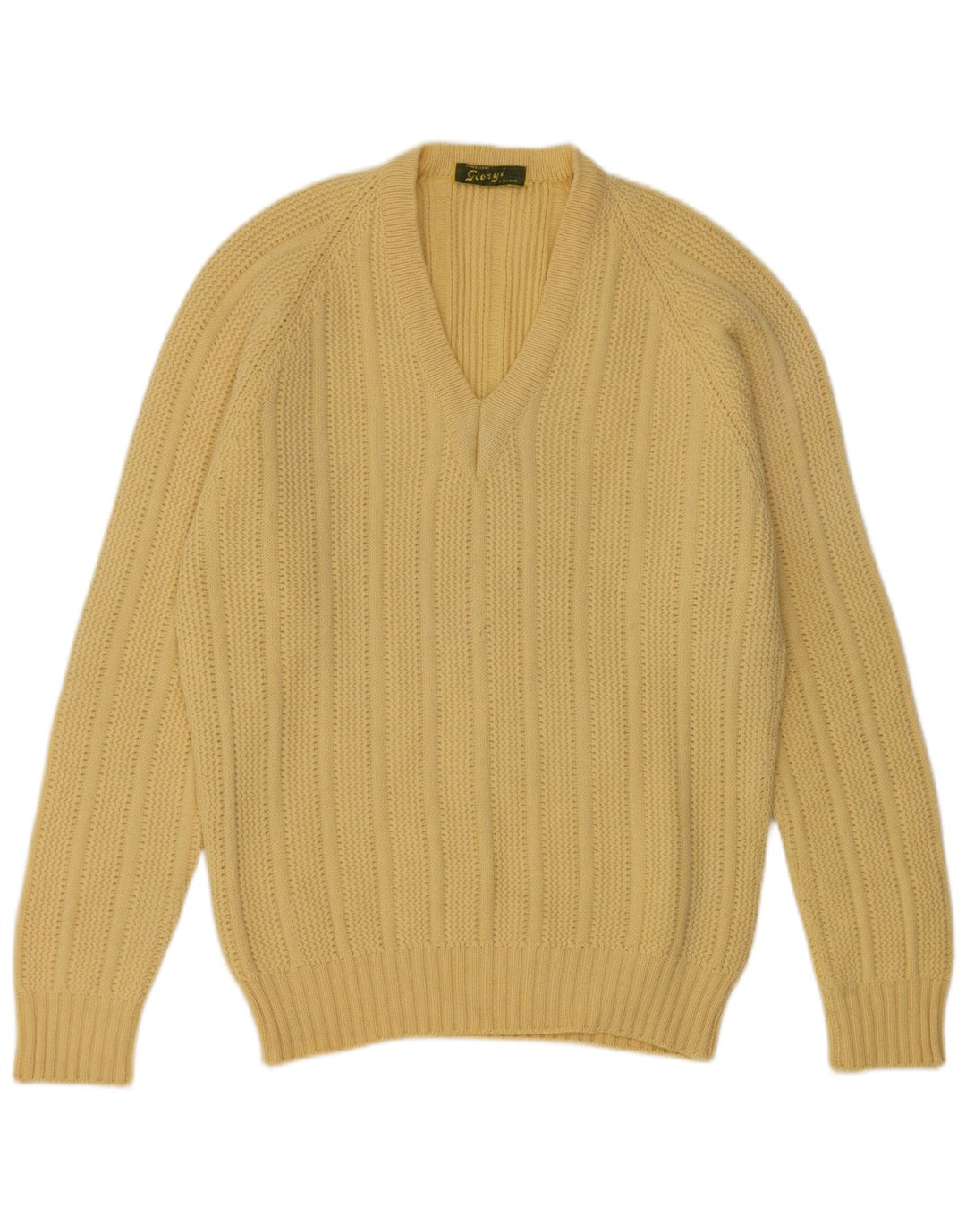 Vintage hombres V-cuello jumper suéter medio amarillo