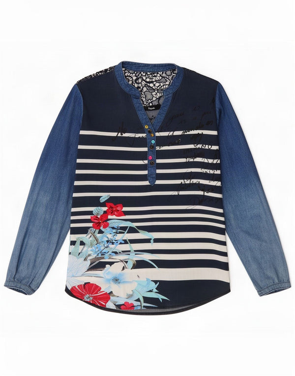 Desigual Blusa de manga larga para mujer UK 6 XS Algodón de rayas azules