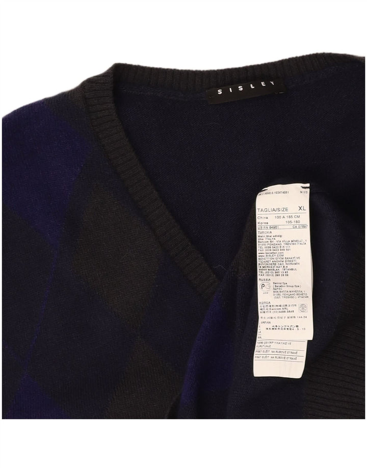 SISLEY Camiseta sin mangas para hombre XL Azul marino Argyle/Lana de diamante