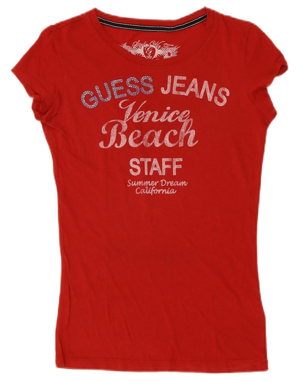 Guess Camiseta gráfica para mujer Top UK 10 Small Red Cotton