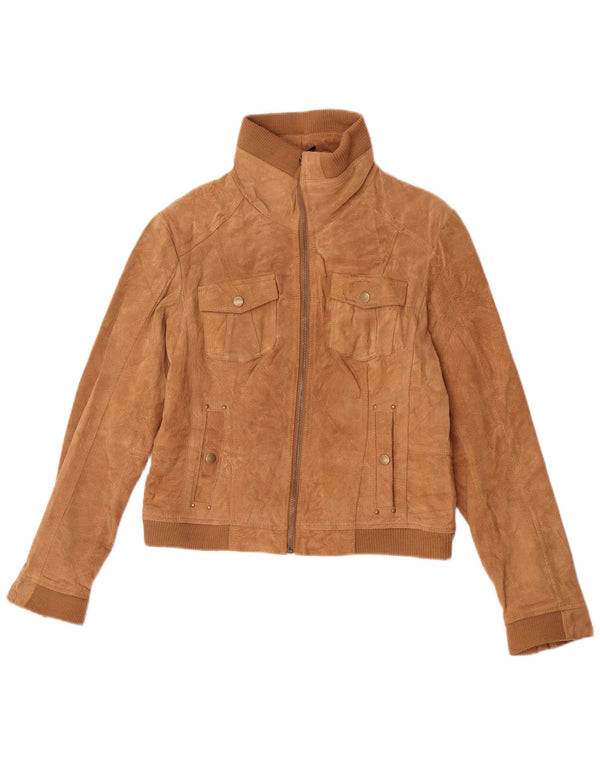Vintage mujer crop ante chaqueta Reino Unido 14 cuero beige grande