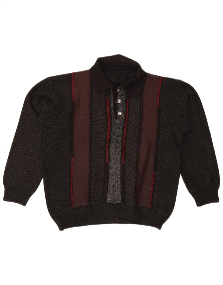 Vintage hombres polo cuello jersey suéter medio negro colorblock