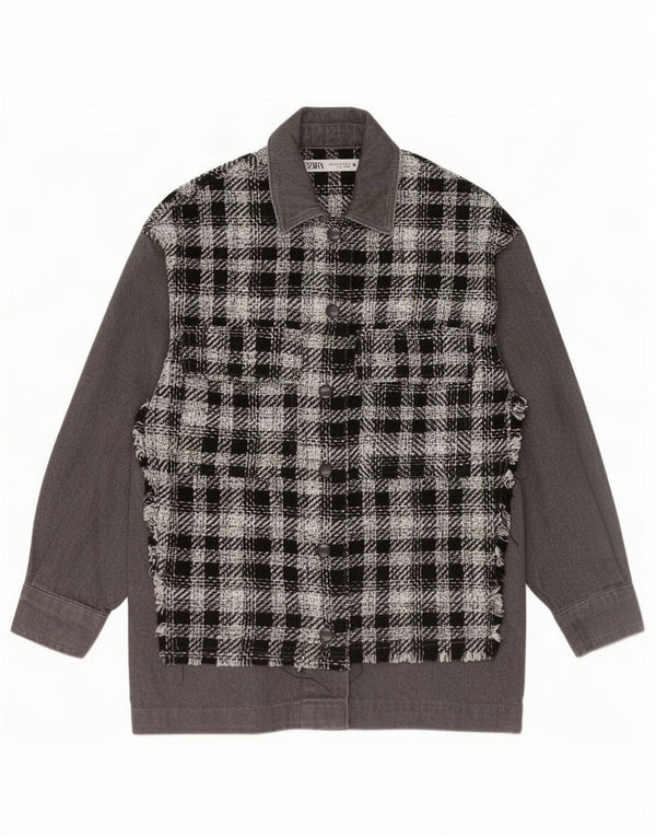 Zara Mujer Camisa Sobrecamisa UK 6 XS Algodón A Cuadros Negro