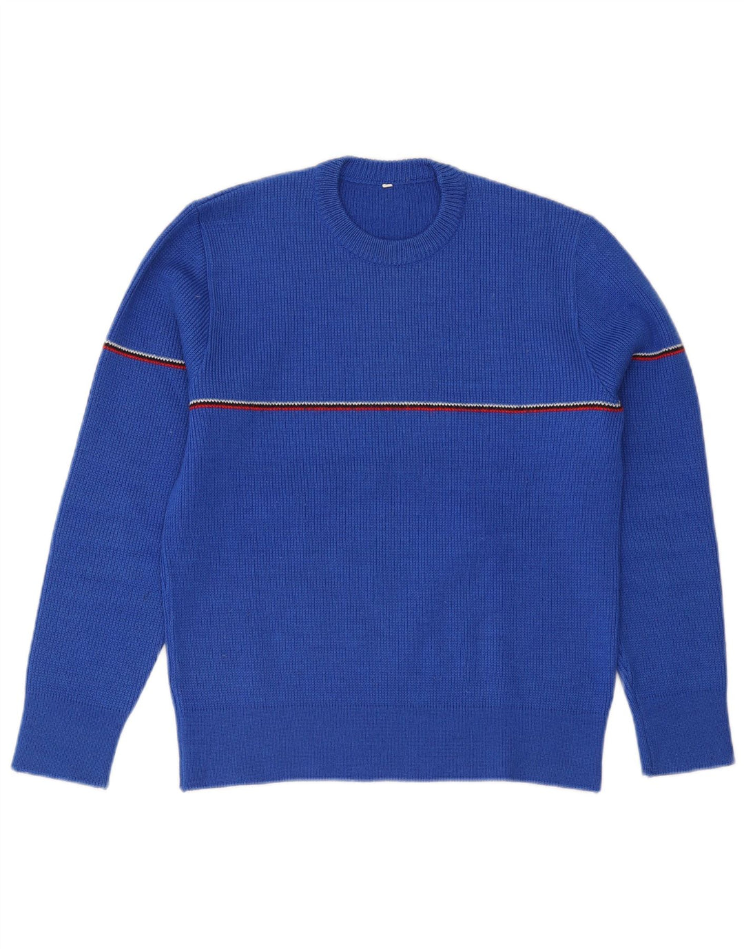 Vintage hombres cuello redondo jersey suéter pequeño azul rayas lana