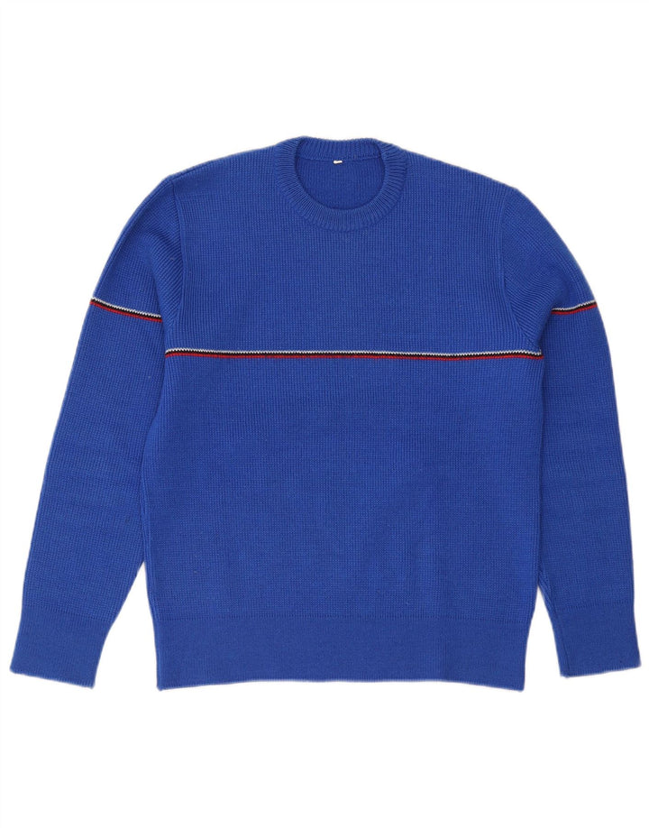 Vintage hombres cuello redondo jersey suéter pequeño azul rayas lana