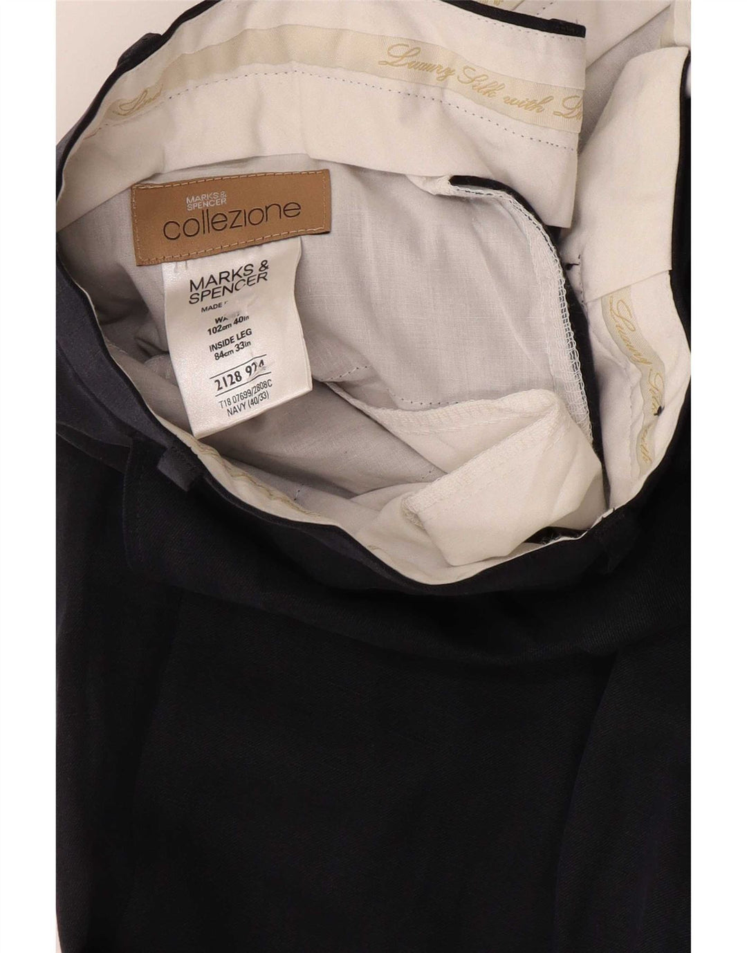 Marks & Spencer Pantalón de traje con pinzas para hombre W40 L33 Seda azul marino
