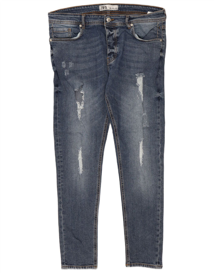 Zara Mujer Vaqueros Slim Desgastados W36 L28 Poliéster Azul