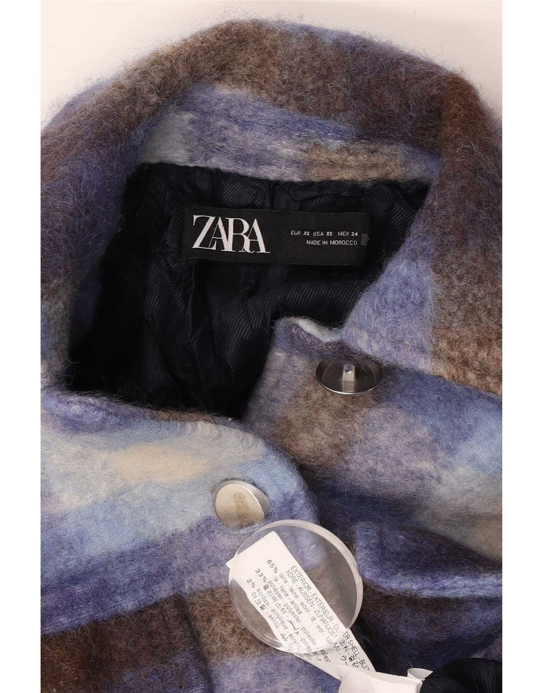 Zara Mujer Chaqueta Tipo Shacket Extragrande UK 6 XS Lana A Cuadros Azul