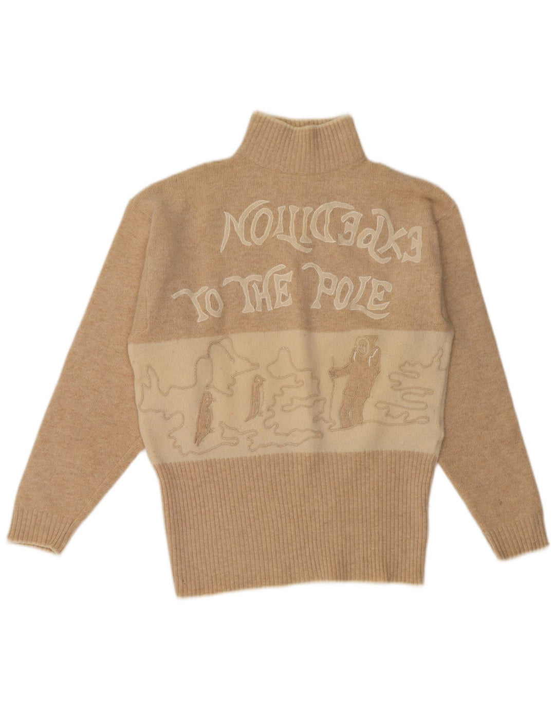 Vintage mujer tortuga cuello jersey suéter Reino Unido 14 medio beige colorblock