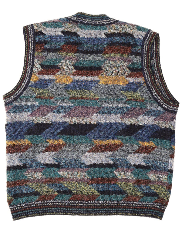 Vintage hombres sin mangas Cardigan suéter XL lana geométrica multicolor
