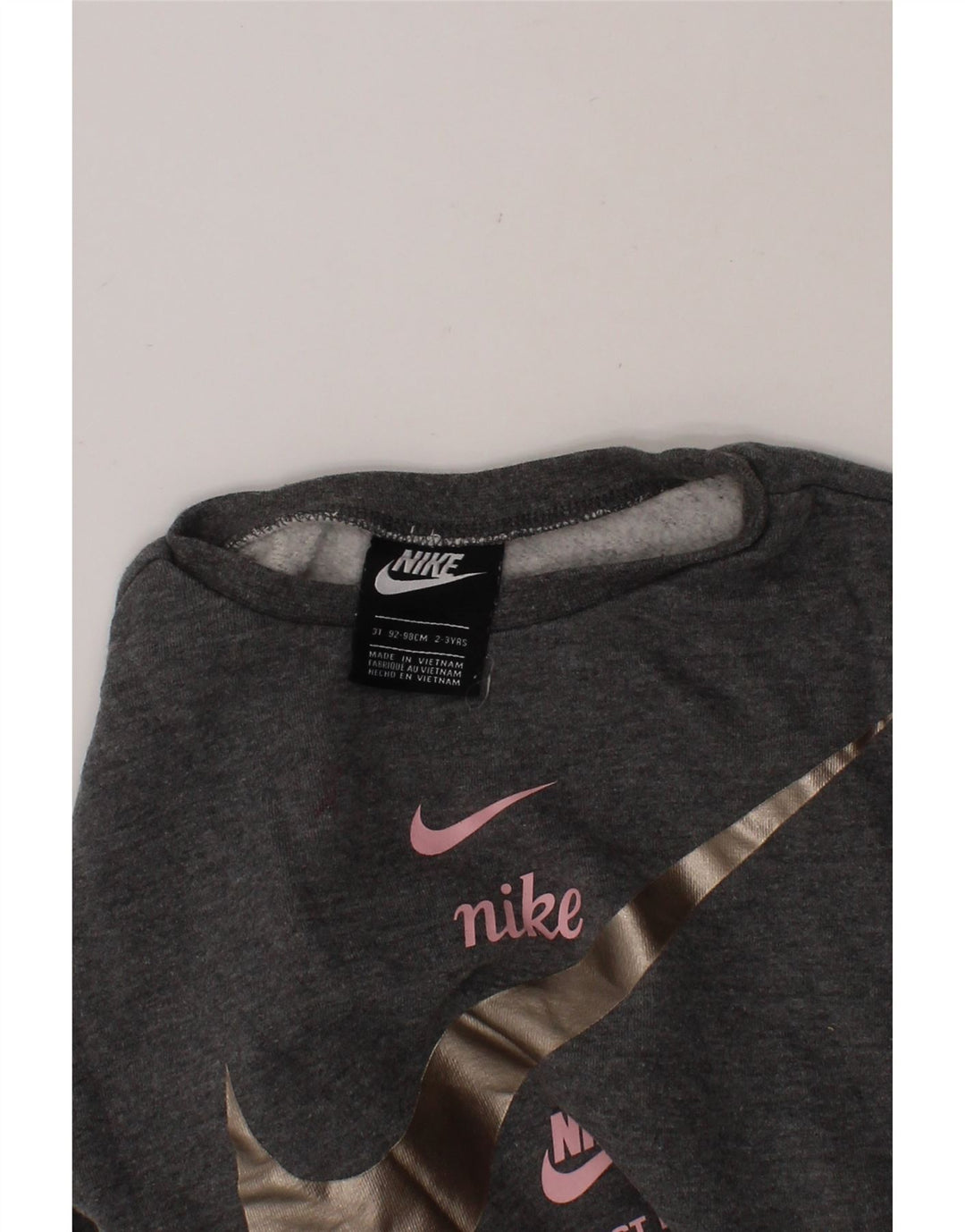 NIKE Girls Graphic Sweatshirt Jumper 2-3 Years Grey Cotton Vintage Nike and Second-Hand Nike from Messina Hembry 