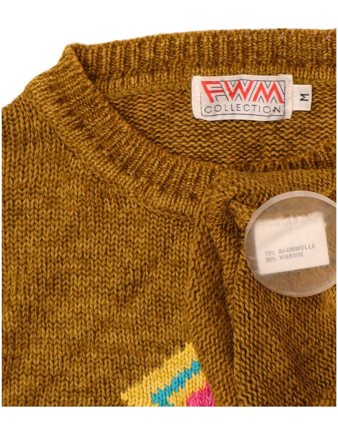 VINTAGE Jersey de cuello redondo para mujer Reino Unido 14 Medio Caqui Argyle/Diamante