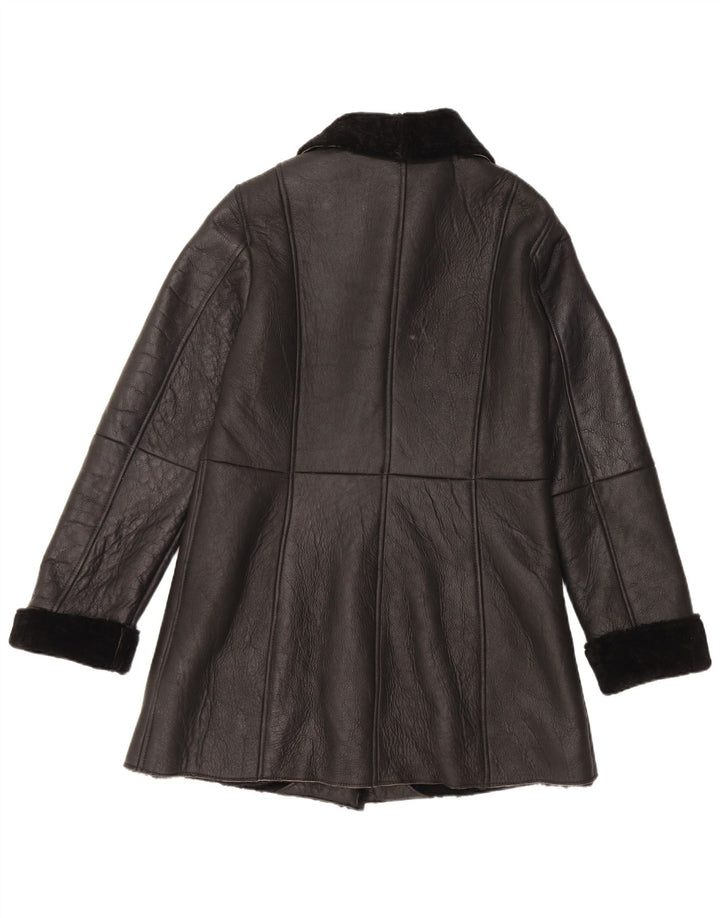 Vintage mujer shearling abrigo EU 40 cuero negro medio