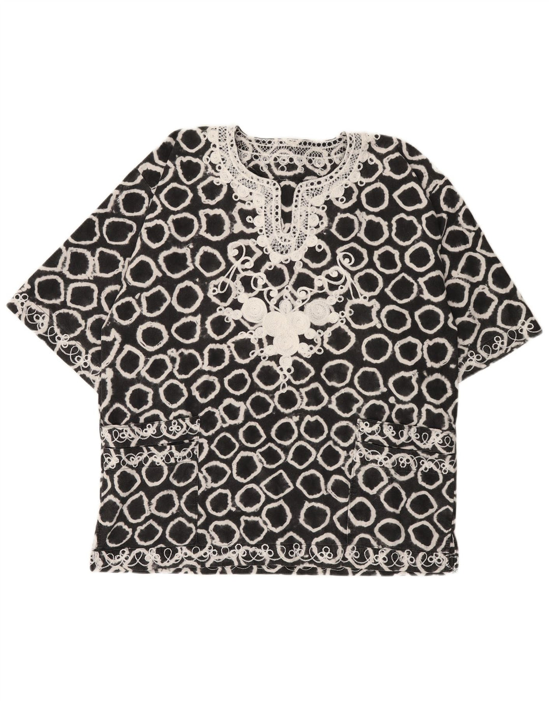 VINTAGE Blusa de patrón abstracto de gran tamaño para mujer Top UK 18 XL Negro