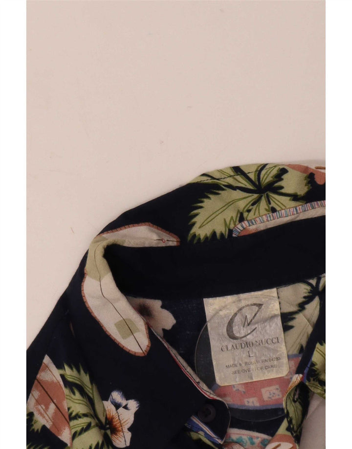 Vintage hombres patrón abstracto camisa de manga corta grande azul marino rayón