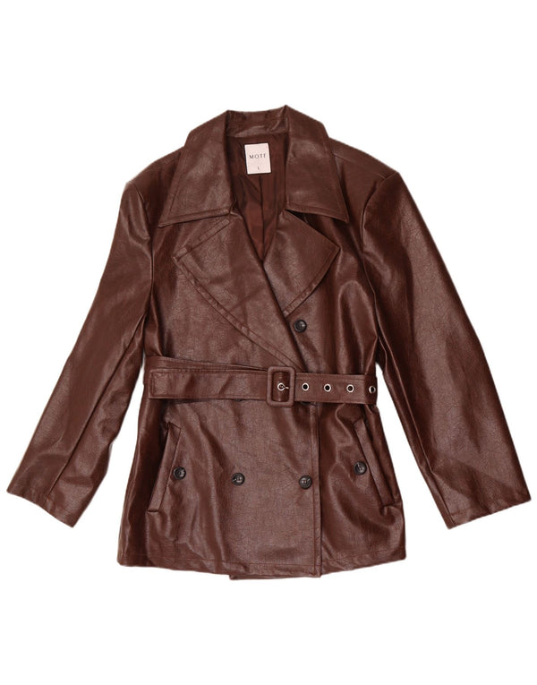 Motf Chaqueta tipo blazer de piel sintética con doble botonadura para mujer, talla 40, talla grande, color marrón