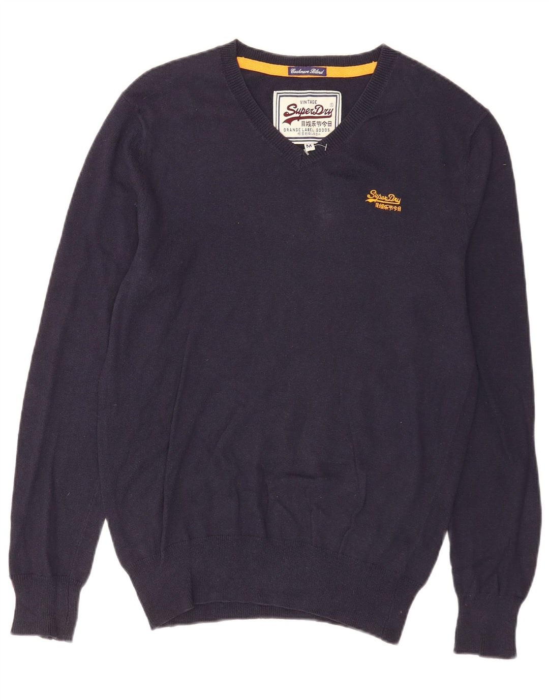 Superdry Jersey con cuello en V para hombre, jersey de algodón azul marino medio
