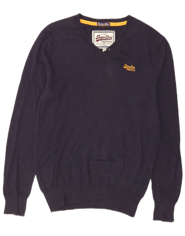 Superdry Jersey con cuello en V para hombre, jersey de algodón azul marino medio