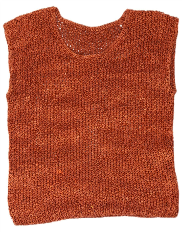 Vintage mujeres crochet chaleco camiseta Reino Unido 12 marrón medio