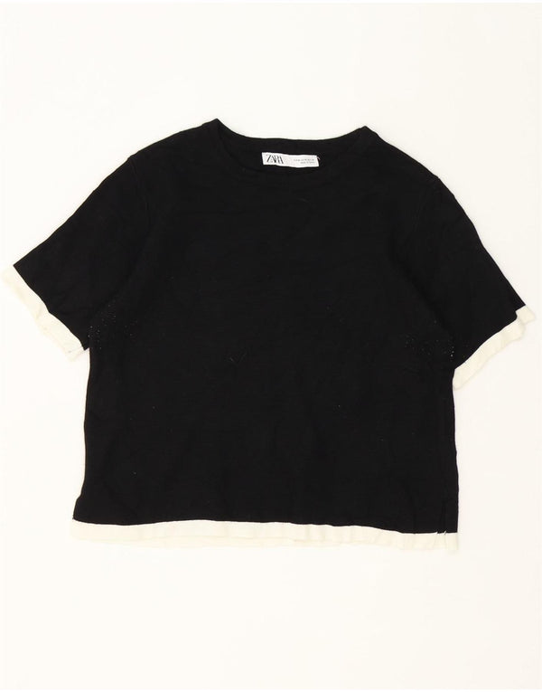 Zara Mujer Crop Camiseta Top UK 40 Medium Negro Colorblock Viscosa